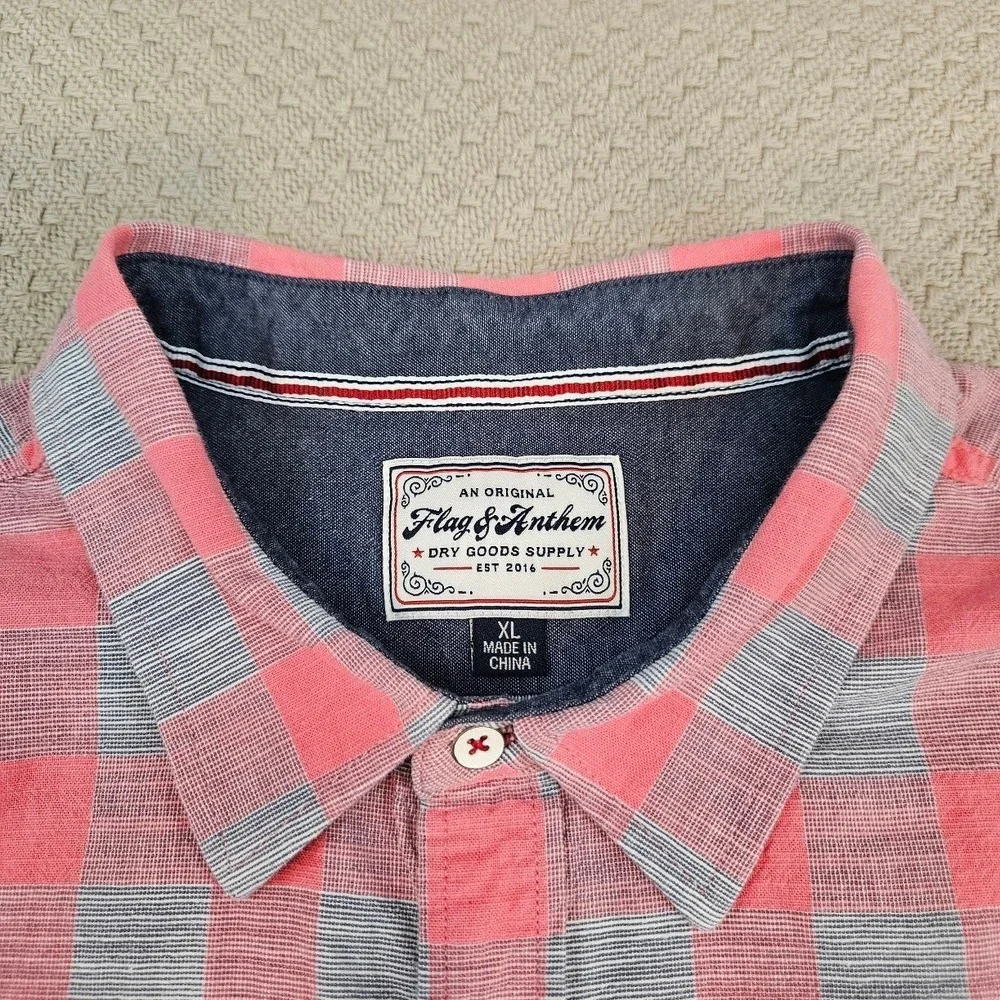 Flag & Anthem Mens XL Salmon Pink Grey Buffalo Plaid Button Down Flannel Shirt
